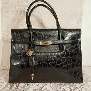 Vintage Black Croc Embossed Leather Kelly Style 35 cms Padlock lock key cloche